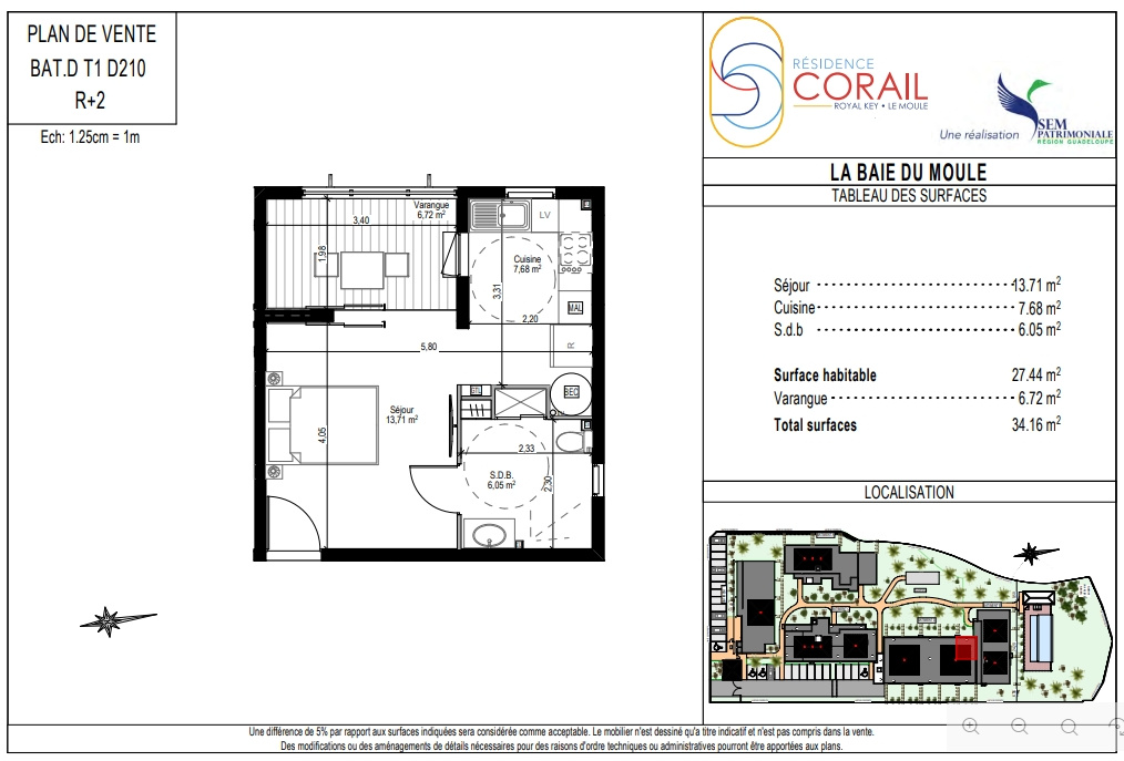 Studio à vendre - 34,2M2 - Résidence CORAIL - Le Moule