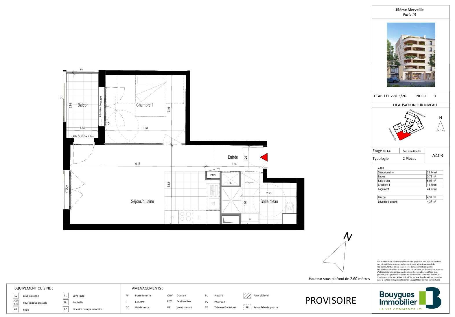Appartement 2 pièces de 44,97 m2 avec balcon   Programme neuf 15ème Merveille   Paris 15EME