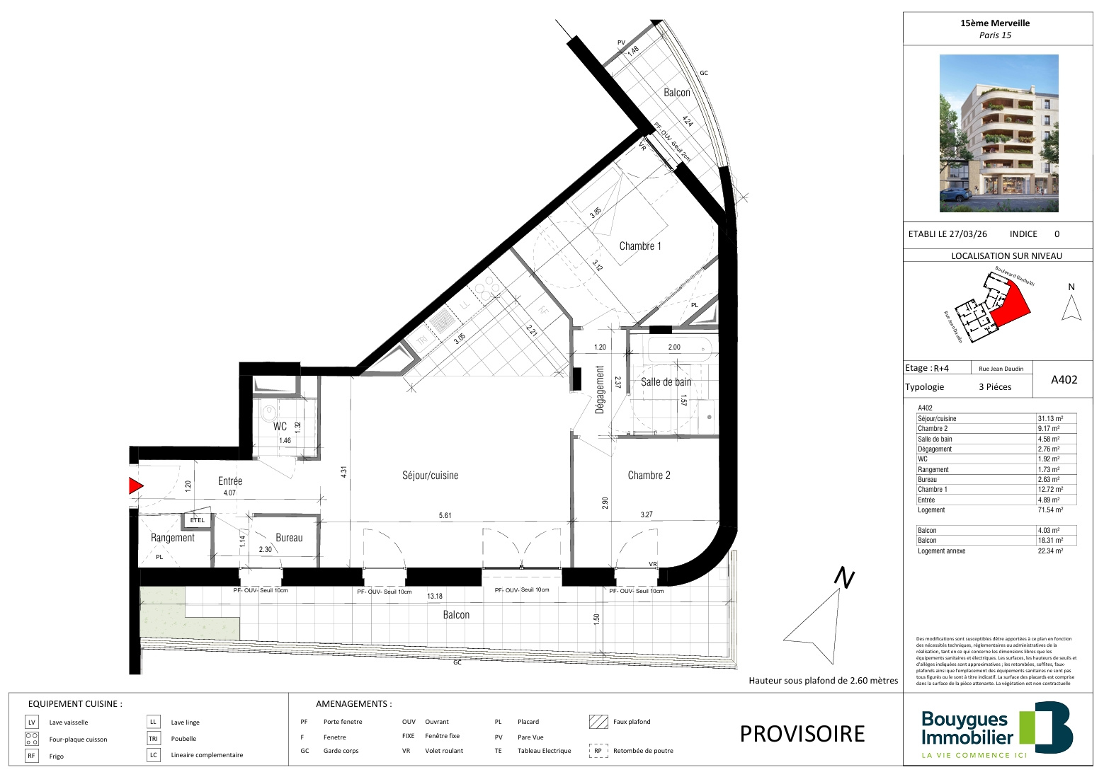 Appartement 3 pièces de 71,54 m2 avec balcon   Programme neuf 15ème Merveille   Paris 15EME